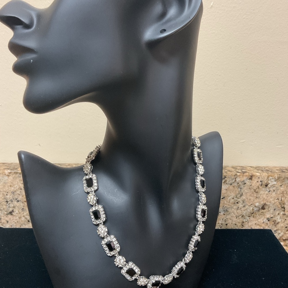 VTG Ciner Silver Plated Swarovski  Crystal and Rectangle Jet Black Cut Necklace.